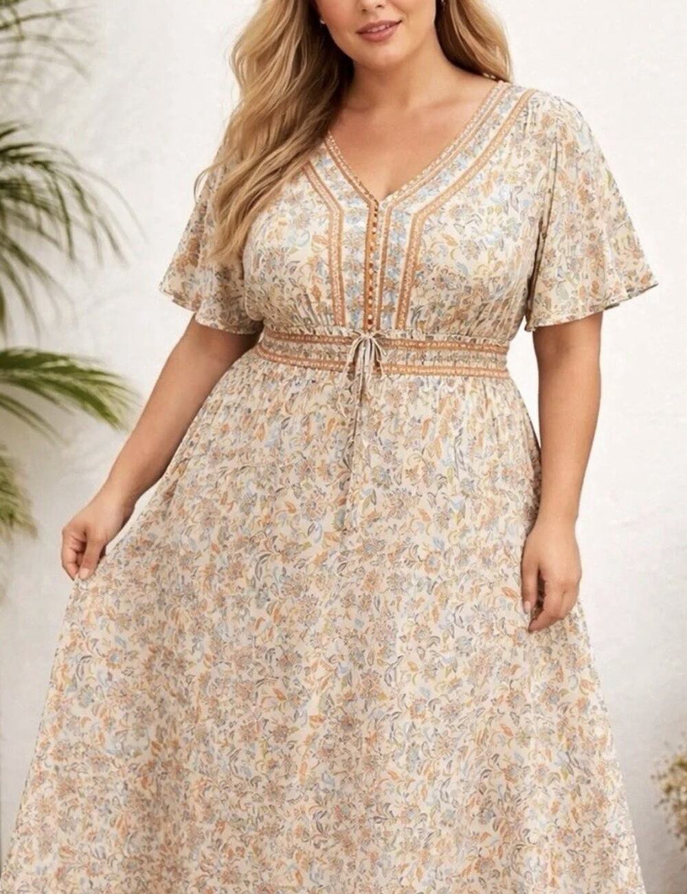 LEA Bohemian Maxi Dress 2X Cotton Floral Stretch Waist Cottagecore Prairie NWT